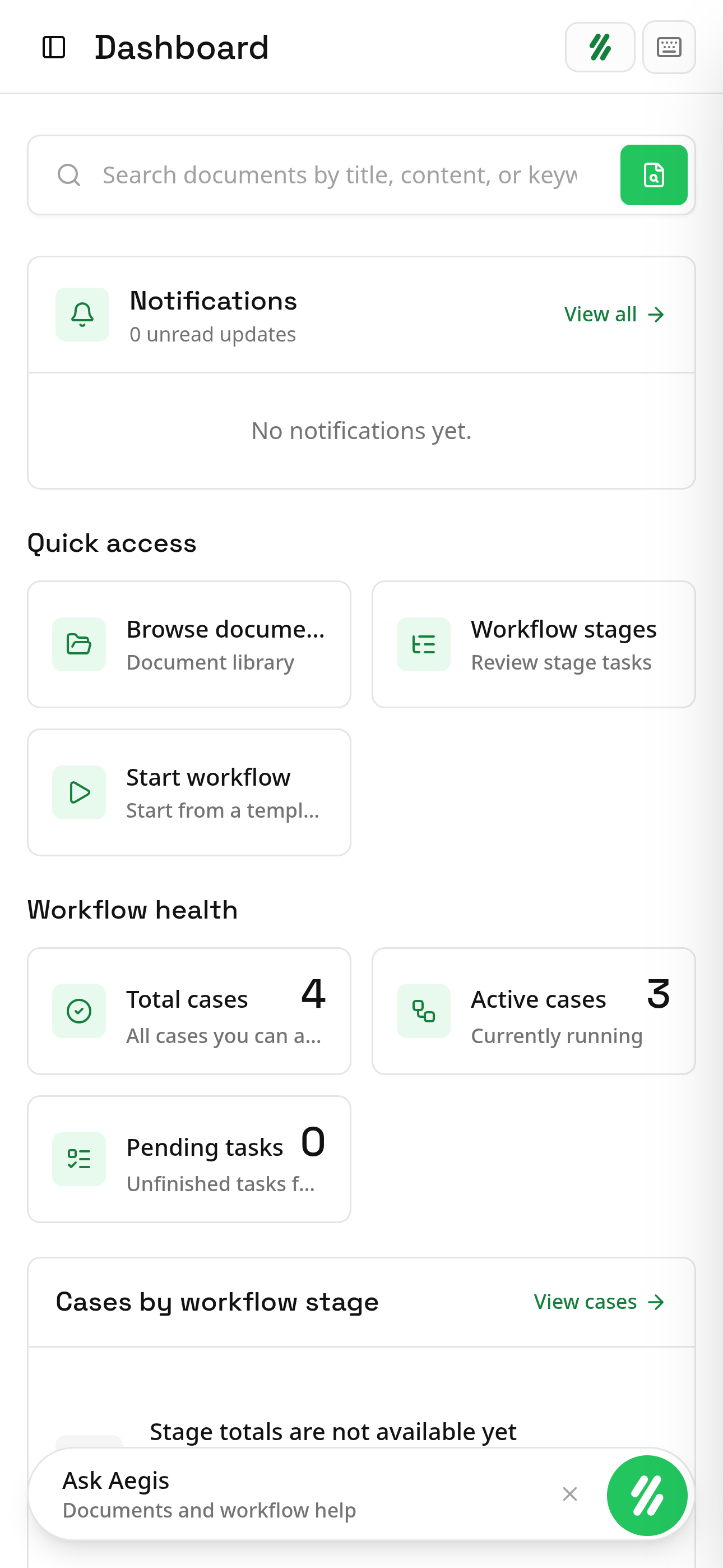 The Scirona workspace on mobile, showing the document list and its status filters